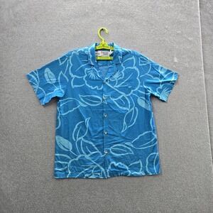 VINTAGE Malihini Hawaii Men Button Up Shirt L Blue Floral Hawaiian Loop‎ Collar